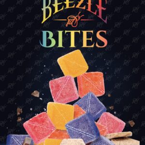 Pack of Beezle Bites solventless cannabis chews in different flavors, displaying 10mg THC per chew and 100mg total on vibrant packaging.