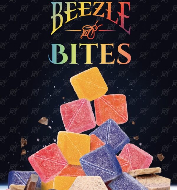 Pack of Beezle Bites solventless cannabis chews in different flavors, displaying 10mg THC per chew and 100mg total on vibrant packaging.