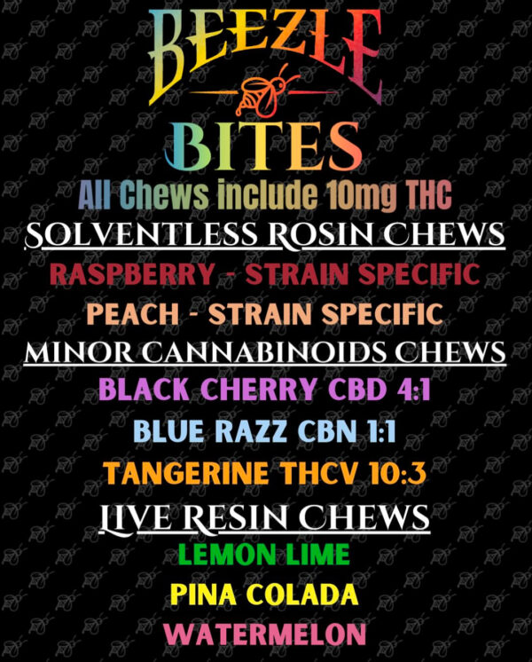 Pack of Beezle Bites solventless cannabis chews in different flavors, displaying 10mg THC per chew and 100mg total on vibrant packaging.