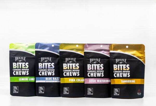 Pack of Beezle Bites solventless cannabis chews in different flavors, displaying 10mg THC per chew and 100mg total on vibrant packaging.